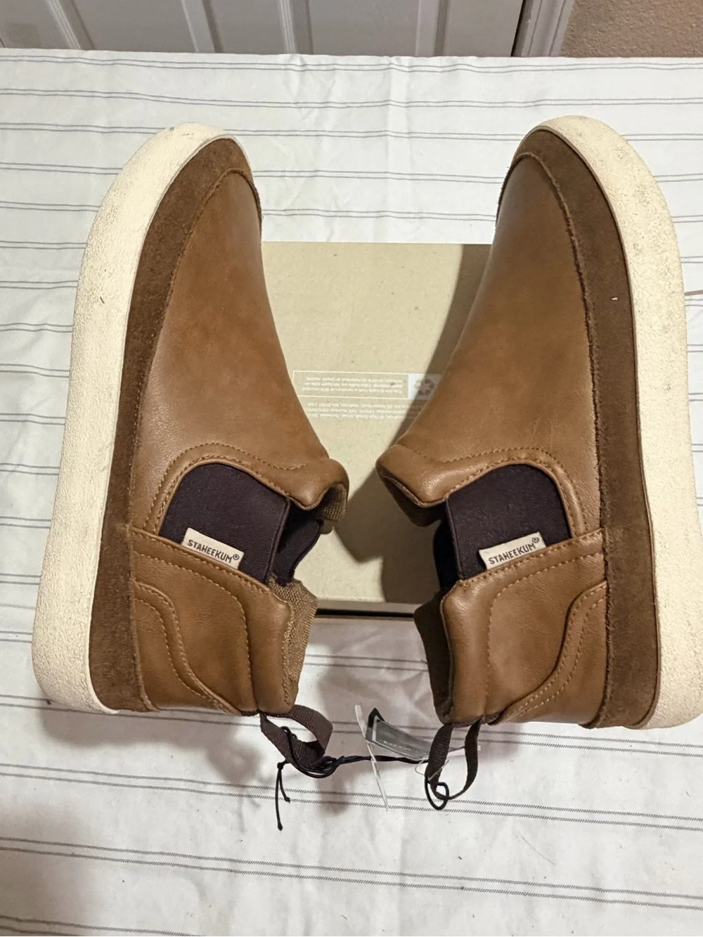 Men's Brown Leather-Style Slip-On Boots with White Sole